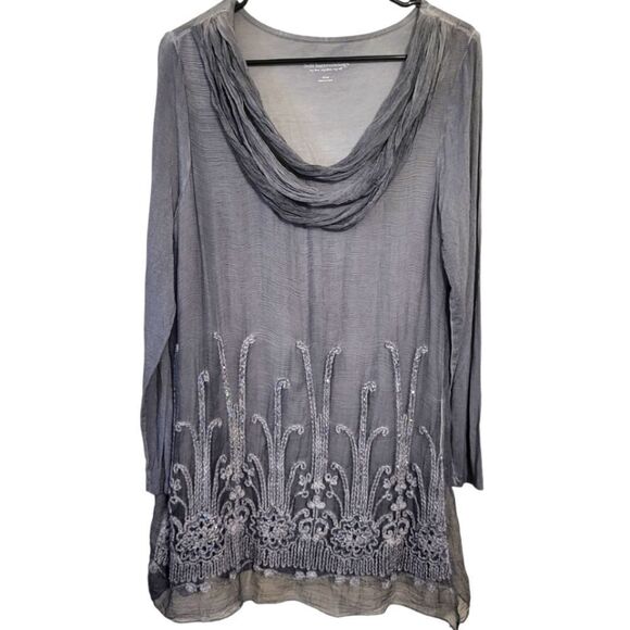 Soft Surroundings 100% Silk Sheer Embellished Silver Gray Blouse, Size S - Picture 1 of 10
